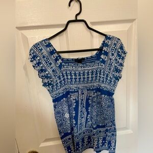 Blue and white ruffle top